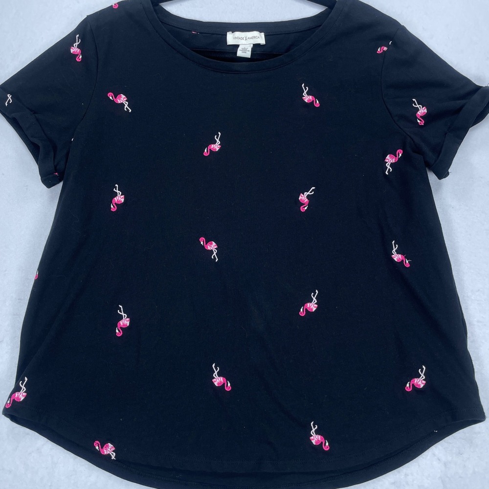 Vintage America Womens Black Flamingo Embroidered Short Sleeve T-Shirt Large